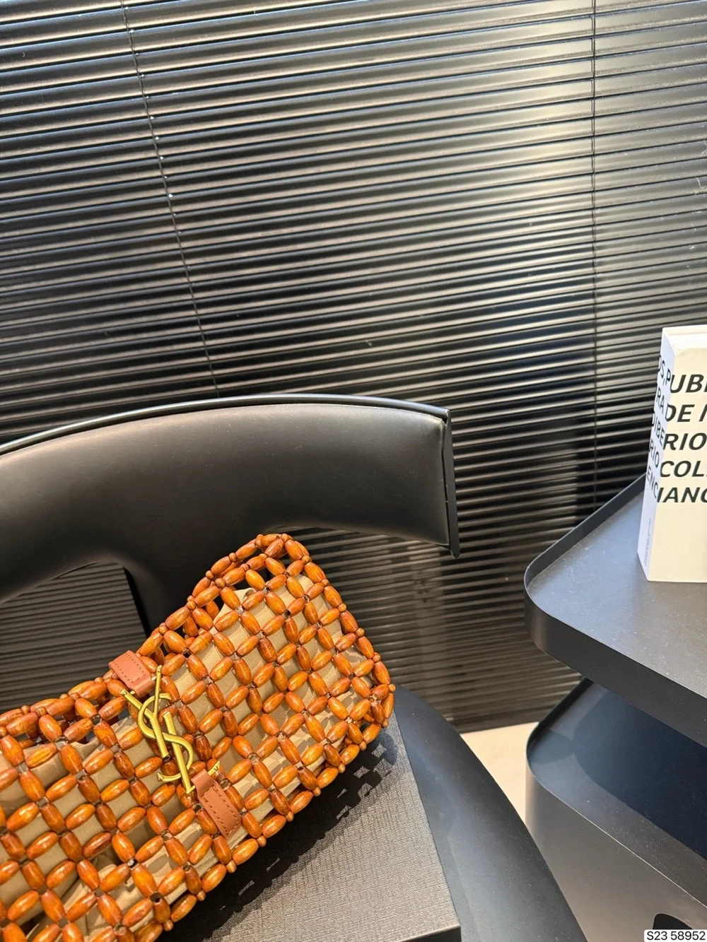 Saint Laurent Woven Bead Shoulder Tote in Cognac